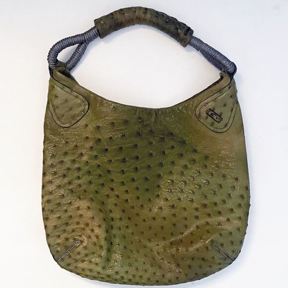 Nuti Ostrich Leather Green Classy Tote Shoulder Bag Struzzo Burro